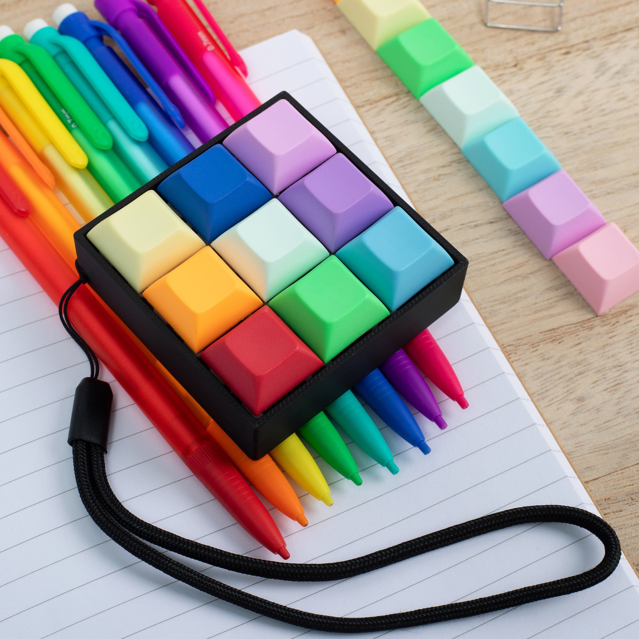 Colorful keyboard fidget on a desk with pens and a notebook